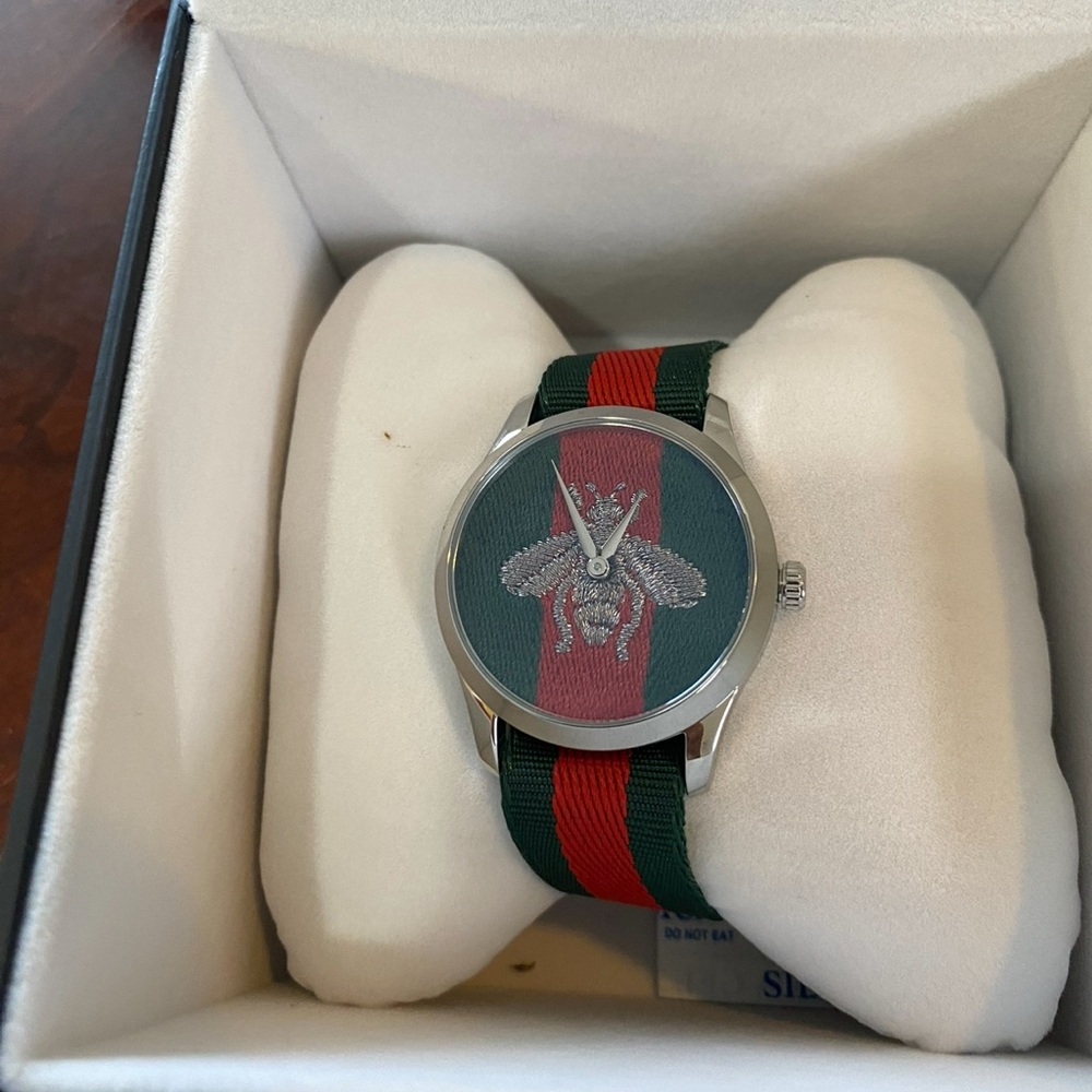 Gucci Green and Red Watch with Silver Bee Design